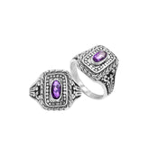 Sterling Silver Balinese Handcrafted Ring With Amethyst Quartz In Rectangular Designer Setting